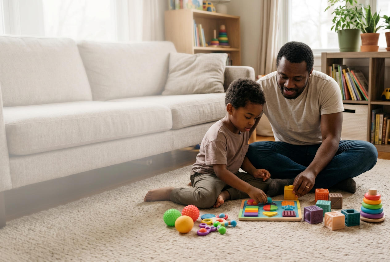 A father sitting on the living room floor with his young son, helping him fit shapes into a wooden sensory puzzle